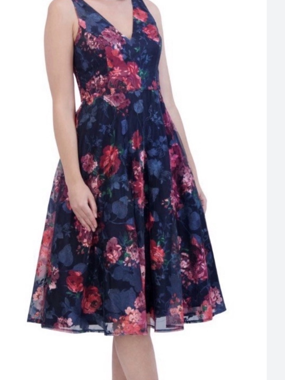 Eliza J Navy Floral V-Neck Midi Dress